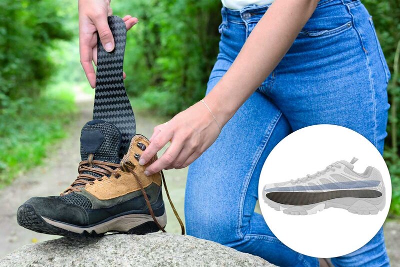Beskuren bild som visar när en person lägger ner Carbon Footplate kolfibersula från Camp Scandinavia i en känga. En inklippt illustration visar att kolfibersulan ska ligga under skons sula.